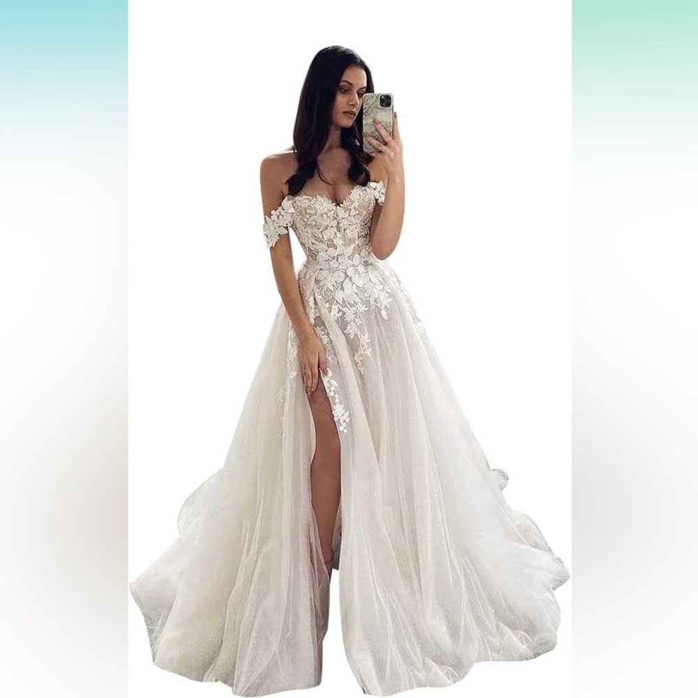 A Line Lace Appliques Wedding Dress Slit Off The Shoulder Backless Boho Bridal